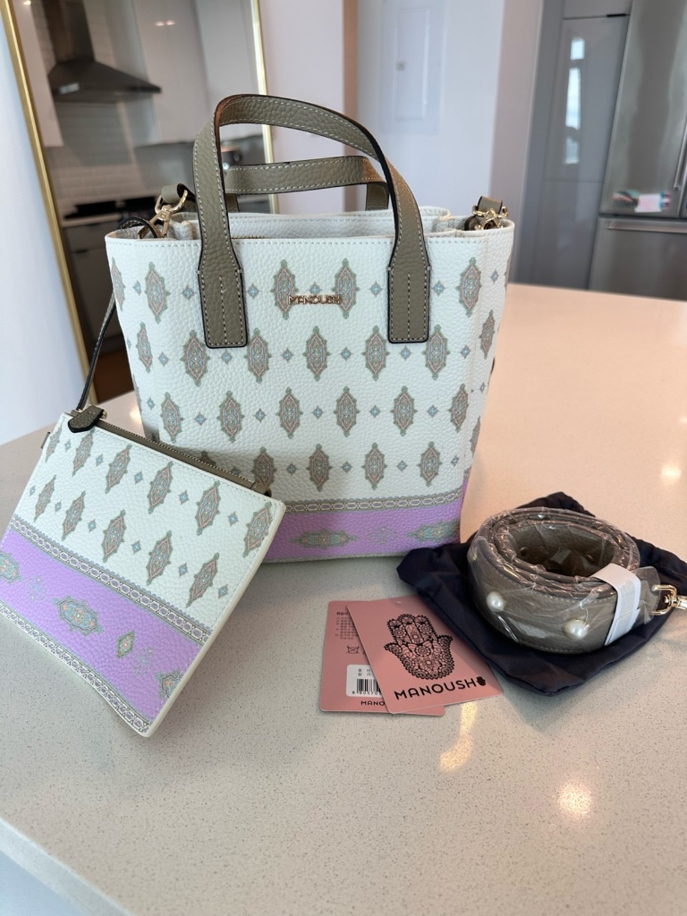 Manoush White and Lavender Kilim Patterned, Ople-Embossed Synthetic Leather Tote - Picture 2 of 13